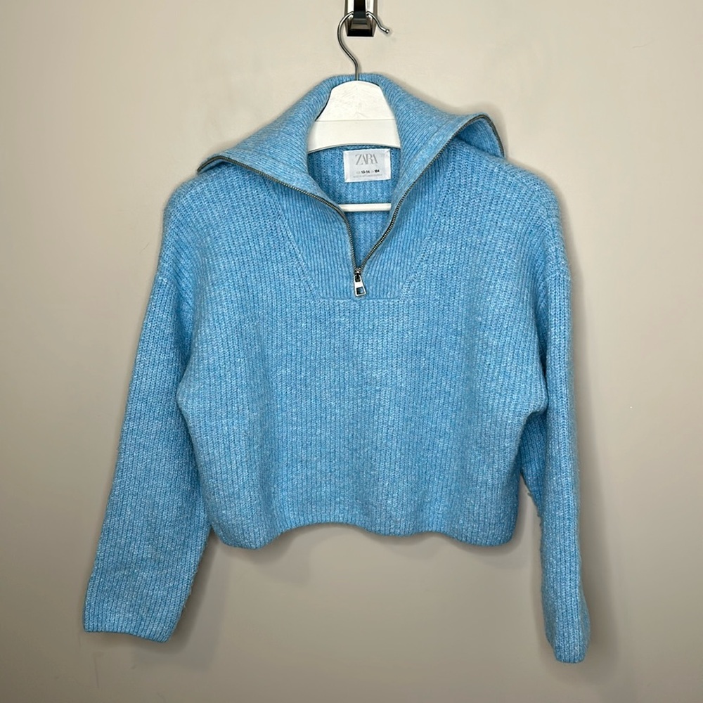 Zara Blue Quarter Zip Wool Long Sleeve Ribbed Sweater
